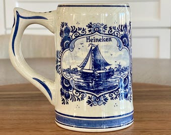 Vintage Delft Hand Painted Ceramic Stein, Made in Holland Blue and White Collectible Heineken Beer Mug