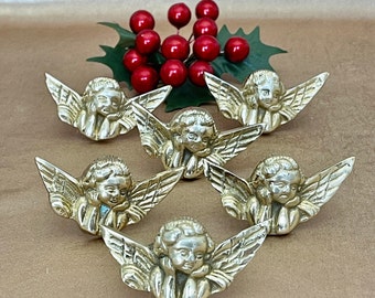 Six Brass Angel Napkin Rings, Vintage Gold Brass Cherub Napkin Holders, Holiday Table Decor Serving Pieces, Christmas Napkin Ring Holders