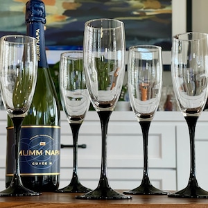 Six Black Stem Champagne Flutes, Cristal D&#39; Arques &quot;Domino Signature Black&quot; Tall Flutes, French Made Black Stem Barware, Wedding Toasting