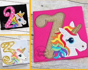 Rainbow Unicorn Birthday Set Digital Machine Embroidery Applique Design 4 sizes, unicorn numbers birthday applique