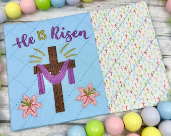 He is Risen Easter Mug Rug In the Hoop Machine Embroidery Design, 5x7 hoop, mug rug, quilted cup mat, mug mat, coaster