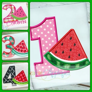 May include: Four embroidered designs featuring a watermelon slice and a number. The numbers are 1, 2, 3, and 4. The numbers are in different colors and patterns. The watermelon slices are all the same design. The designs are for embroidery.