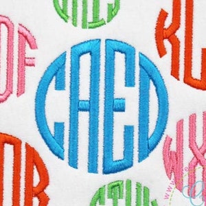 EXCLUSIVE 4 Sizes Natural Circle 4 Letter Monogram Embroidery Alphabet Font + 6 frames Digital Machine Embroidery, four letter monogram