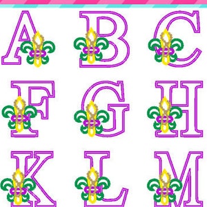 Flor de lis alfabeto apliques máquina bordado design 4 tamanhos, apliques de flor de lis, apliques de carnaval, alfabeto de letras de carnaval