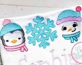 Sketch Stitch Penguin Snowflake Snow Girl Digital Machine Embroidery Design 5 Sizes, penguin embroidery, christmas embroidery, snowflake