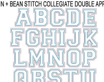 May include: A collection of collegiate-style letters and numbers in a double applique design. The letters and numbers are white with a light blue outline. The image includes the text "SATIN + BEAN STITCH COLLEGIATE DOUBLE APPLIQUE" and "8 sizes: 2"/2.5"/3"/4"/5"/6"/7"/8".