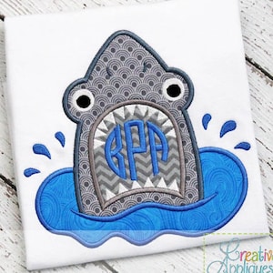 Shark Monogram Digital Machine Embroidery Applique Design 4 Sizes, shark applique, monogram applique, shark embroidery image 1