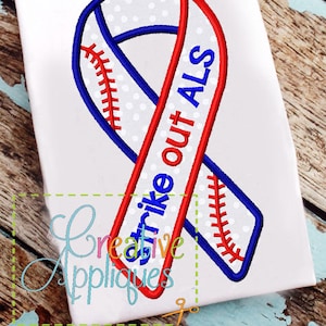 May include: Red, white, and blue baseball-themed ribbon with the text "Strike Out ALS".