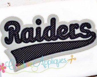 May include: A white t-shirt with a black and white embroidered patch that says "Raiders" in a stylized font.