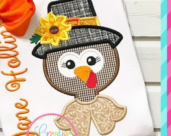 Girl Pilgrim Turkey Digital Machine Embroidery Applique Design 4 Sizes, thanksgiving applique, pilgrim applique, turkey applique