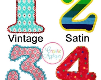 Number Set 0 thru 9 4 different stitch types Vintage, Bean, Lace, Satin Machine Embroidery Applique Design 4 Sizes, applique numbers