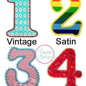 Number Set 0 thru 9 4 different stitch types Vintage, Bean, Lace, Satin Machine Embroidery Applique Design 4 Sizes, applique numbers