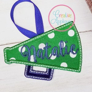 Megaphone Tag label In the Hoop Applique Machine Embroidery Design, megaphone in the hoop applique design, megaphone label, cheer tag