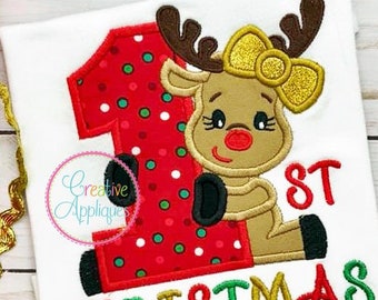 1st First Christmas Reindeer Digital Machine Embroidery Applique Design 4 Sizes, reindeer applique, 1st christmas, baby's