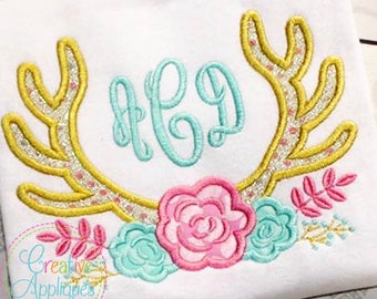 Antlers with Flowers Digital Machine Embroidery Applique Design 4 Sizes, farmhouse antlers flowers applique embroidery