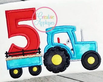 Birthday Tractor 5 Applique Digital Machine Embroidery Design 5 Sizes, fifth birthday tractor applique, birthday tractor embroidery