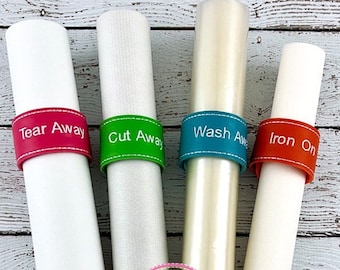 Può includere: Quattro rotoli di tessuto con diversi tipi di stabilizzatore, etichettati "Tear Away", "Cut Away", "Wash Away" e "Iron On".