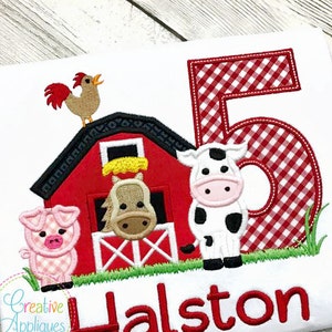 Barn 5 Birthday Farm Animals Digital Machine Embroidery Applique Design 4 size barn applique, barn farm animals applique, fifth 5h birthday