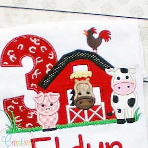 Barn 3 Birthday Farm Animal Digital Machine Embroidery Applique Design 4 size barn applique, barn farm animals applique, third 3rd birthday