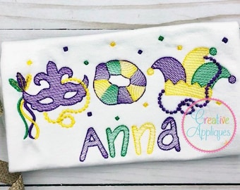 Sketch Stitch Mardi Gras Mask King Cake Jester Hat Digital Machine Embroidery Design 5 Sizes, mardi gras sketch stitch embroidery