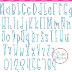 May include: A blue alphabet font with uppercase and lowercase letters, numbers, and punctuation marks. The font is a simple, handwritten style. The text "14 sizes: 0.75"/1"/1.25"/1.5"/1.75"/2"/ 2.25"/2.5"/2.75"/3"/3.25"/3.5"/3.75"/4" is also included in the image.