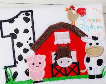 Barn 1 Birthday Farm Animal Digital Machine Embroidery Applique Design 4 size barn applique, barn farm animals applique, first 1st birthday