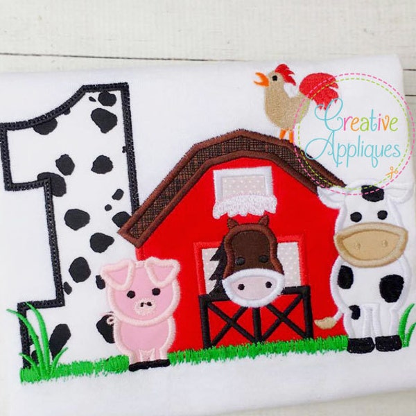 Barn 1 Birthday Farm Animal Digital Machine Embroidery Applique Design 4 size barn applique, barn farm animals applique, first 1st birthday