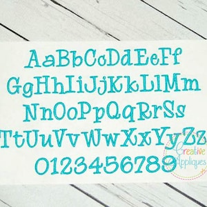 May include: A turquoise blue alphabet and numbers font with a stitched appearance. The font is uppercase and includes the letters A through Z and the numbers 0 through 9.