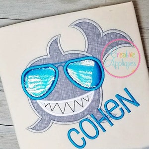 Shark Sunglasses Digital Machine Embroidery Applique Design 4 Sizes, shark applique, shark embroidery, whale applique, whale embroidery