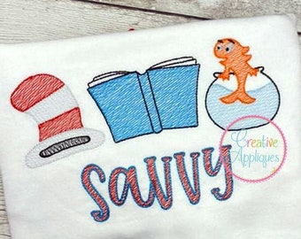 Sketch Stitch Striped Hat Book Fish Digital Machine Embroidery Design 5 Sizes, crazy hat embroidery, book fish
