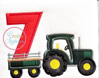 Birthday Tractor 7 Applique Digital Machine Embroidery Design 5 Sizes, seventh birthday tractor applique, birthday tractor embroidery