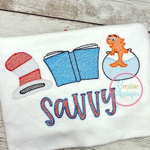Skizze Stich gestreift Enise Hut Buch Fisch digitale Maschine Stickerei Design 5 Größen, verrückte Hut Stickerei, Buch Fisch