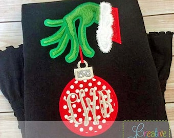 Green Monster Hand Monogram Applique Digital Machine Embroidery Design 5 Sizes