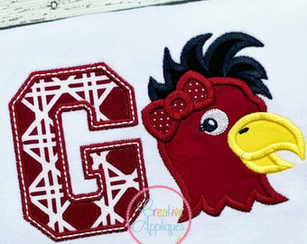 Go Rooster Girl Applique Digital Machine Embroidery Design 4 sizes, Rooster mascot, Rooster, Rooster team, Rooster