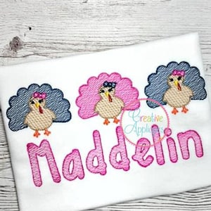Girl Turkey Trio Sketch Stitch Digital Machine Embroidery Design 5 Sizes, turkey embroidery, thanksgiving embroidery