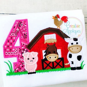 Barn 4 Birthday Farm Animal Digital Machine Embroidery Applique Design 4 size barn applique, barn farm animals applique, fourth 4th birthday