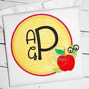 Apple Bookworm Monogram Frame Digital Machine Embroidery Applique Design 4 sizes, monogram frame embroidery, bookworm embroidery, school