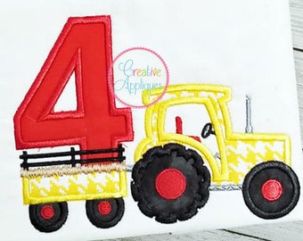 Birthday Tractor 4 Applique Digital Machine Embroidery Design 5 Sizes, fourth birthday tractor applique, birthday tractor embroidery