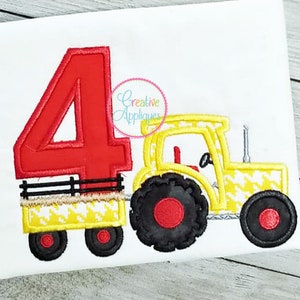 Birthday Tractor 4 Applique Digital Machine Embroidery Design 5 Sizes, fourth birthday tractor applique, birthday tractor embroidery