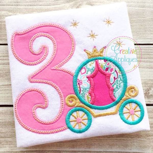 3 3rd Three Third Birthday Princess Carriage Applique Machine Embroidery Design, princess birthday, carriage birthday, cinderella birthday