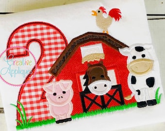 Barn 2 Birthday Farm Animal Digital Machine Embroidery Applique Design 4 size barn applique, barn farm animals applique, second 2nd birthday