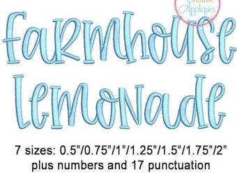 7 Sizes Farmhouse Lemonade Embroidery Alphabet Font Digital Machine Embroidery, A to Z, numbers, symbols, punctuation