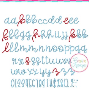Può includere: Un set di lettere e numeri corsivi in blu e rosso. Le lettere sono in uno stile di scrittura a mano. I numeri sono in un carattere semplice e arrotondato. Il testo sotto le lettere e i numeri dice "15 dimensioni: 1"/1.25"/1.5"/1.75"/2"/2.25"/2.5"/2.75"/3"/3.25"/3.5"/3.75"/4"/4.25"/4.5"