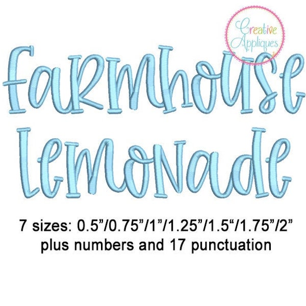 7 Sizes Farmhouse Lemonade Embroidery Alphabet Font Digital Machine Embroidery, A to Z, numbers, symbols, punctuation