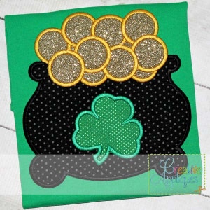 May include: A black pot filled with gold coins and a green shamrock, a traditional Irish symbol, on a green background.