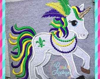 Mardi Gras Unicorn Applique Digital Machine Embroidery Design 4 Sizes, unicorn applique, mardi gras applique, mardi gras beads embroidery