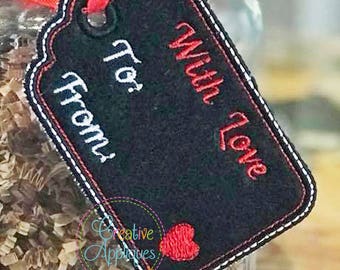With Love Gift Tag label In the Hoop Applique Machine Embroidery Design, gift tag in the hoop applique design