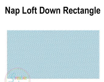 May include: A light blue rectangle with a textured pattern. The text "Nap Loft Down Rectangle" is at the top of the image. The text "8 Sizes: 1" w to 9" w" is at the bottom of the image.