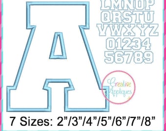 Satin Stitch Collegiate Applique Alphabet letters A thru Z, numbers Digital Machine Embroidery Applique Design 2&quot; to 8&quot;,  7 Sizes