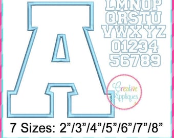 Satin Stitch Collegiate Applique Alphabet letters A thru Z, numbers Digital Machine Embroidery Applique Design 2" to 8",  7 Sizes